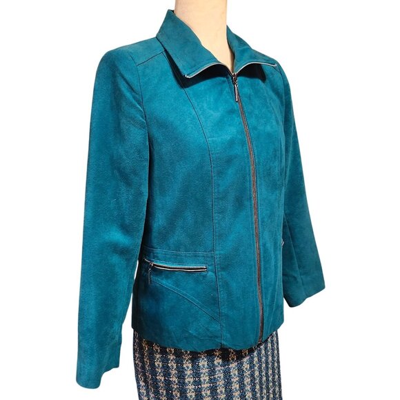 Allison Daley Petite Women's Size 6 Faux Suede Jacket Teal Zip Front Pockets - Picture 4 of 9